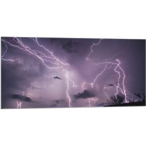 WallClassics - Vlag - Donkere Lucht vol Paarse Lichtflitsen - 100x50 cm Foto op Polyester Vlag