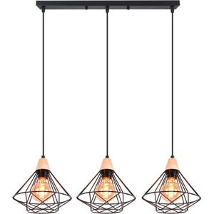 Hanglamp 3 lampen hout metaal zwart geometrische kooi 22 cm retro slaapkamer keuken plat