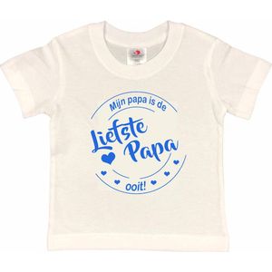 T-shirt Kinderen ""Mijn papa is de liefste papa ooit!"" Vaderdag | korte mouw | Wit/blauw | maat 98/104 (XXS)