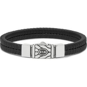 SILK Jewellery - Zilveren Armband - Chevron - 157BLK.20 - zwart leer - Maat 20