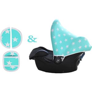 Wallabiezzz Maxi Cosi Zonnekap en Gordelhoes Baby - Mintgroen Sterren - Kraam cadeau