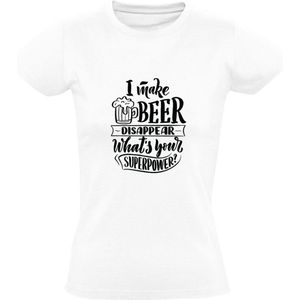 I make beer disappear. What's your superpower? | Dames T-shirt | Wit | Ik laat bier verdwijnen. Wat is jouw superkracht? | Krachten | Bierpul | Beker | Borrel | Grappig