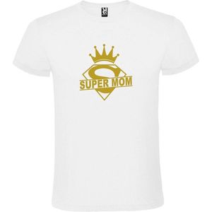 Wit T shirt met print van ""Super Mom "" print Goud size M