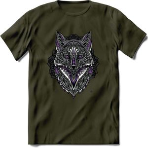 Vos - Dieren Mandala T-Shirt | Paars | Grappig Verjaardag Zentangle Dierenkop Cadeau Shirt | Dames - Heren - Unisex | Wildlife Tshirt Kleding Kado | - Leger Groen - L