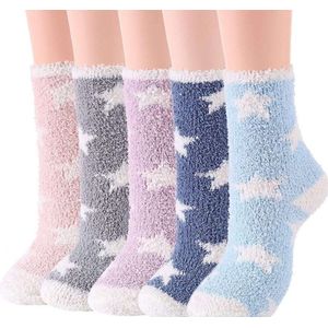 Fluffy sokken dames - 3 paar - giftbox - huissokken - roze - paars - blauw - grijs - mix - leuke print sterren - 36-40 - cadeau voor haar - vaerjaardagscadeau - Kerst cadeau - zacht