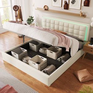 Gestoffeerd bed met lattenbodem en opbergruimte, tweepersoonsbed inclusief LED-verlichtingsstrip, bedframe 160x200cm, opbergruimte bed, functionele bedovertrek van wit kunstleer