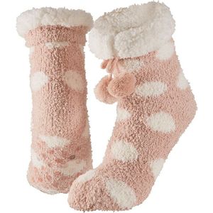 Dames anti-slip fleece huissokken/slofsokken one size roze met witte stippen