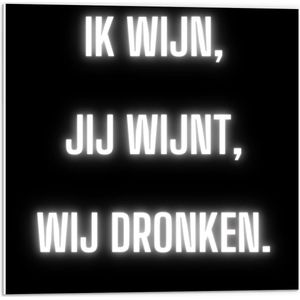 Forex - Tekst: ''Ik Wijn, Jij Wijnt, WIj dronken'' Neon Letters Wit/Zwart - 50x50cm Foto op Forex
