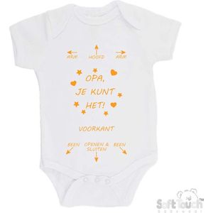 100% katoenen Romper ""Arm - Hoofd - Arm - Opa, je kunt het! - Been - Openen & Sluiten - Been"" Unisex Katoen Wit/mosterd Maat 68/74