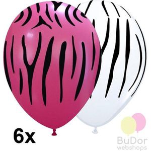 Ballonnen met zebra print, mix wit / pink, 6 stuks, 30 cm