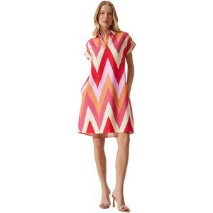 Happinessistanbul Rode Crème Dames Zomerjurk Met Polokraag En Patroon Of00001