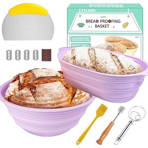 ZYLARO Siliconen Rijsmandje - Broodbakken set - bakset - Rijsmand Rond Ø 26 cm + Rijsmand Ovaal Ø 25 cm - incl deegkleed, Deegmesje, Deegschraper, Deegkwast - Banneton