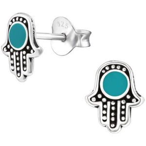 Aramat jewels ® - Bali oorbellen hamsa hand 925 sterling zilver 6mm x 8mm groen geoxideerd