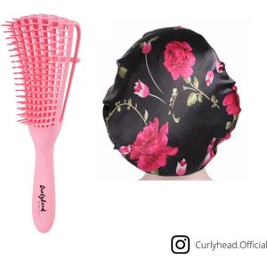 Roze anti klit borstel met zwarte bloemetjes satin cap| Detangling Brush with satijnen cap bonnet slaapmuts|Haarborstel | Hairbrush | Kam | Tangle Teezer | Krullend Haar | Styling | ontklit | detangler