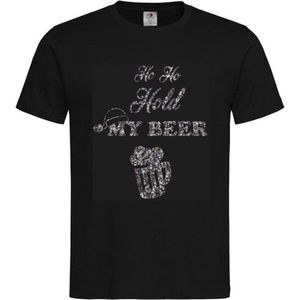 T-shirt Unisex Volwassenen Kerst Kerstmis Bier Man Grappig Tekst ""Ho Ho Hold my beer"" Op Voorkant | korte mouw | Zwart/Silver black GLITTER | maat L