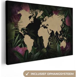 Canvas Wereldkaart - 90x60 - Wanddecoratie Wereldkaart - Bloemen - Bladeren