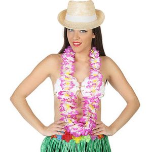 Hawaii thema party verkleedset - Strand strohoedje - bloemenkrans paars/wit - Tropical toppers - voor volwassenen