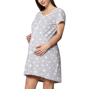 Be Mammy Dames Nachtemd - Zwangerschaps Nachthemd - Korte mouwen - Katoen - BE-BE20-275-ND - Melange Sterren Crème - XXL