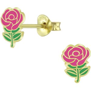 Joy|S - Zilveren bloem oorbellen -  roze roosje - 14k goudplating