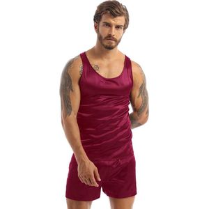 Satijnen Pyjama 2-delig - Heren Hemd en korte Broek - Bordeaux Rood - Lingerie