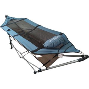 Hangmat met Opvouwbaar Frame – Ideaal voor binnen en buiten. Stevig gepoedercoat stalen frame ondersteunt tot 135 kg. Ligoppervlak van 235x85 cm met geïntegreerde bekerhouder. Inclusief extra kussen en optioneel ondernet voor extra opbergruimte.