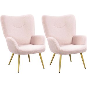 2 x moderne fauteuil, oorfauteuil van bouclé-weefsel, armstoel, leunstoel, beklede stoel, tot 136 kg belastbaar roze