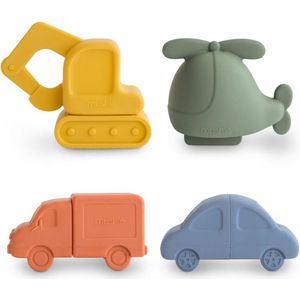 Mushie - badspeelgoed - vier speeltjes - Graafmachine - Helikopter - Vrachtwagen - Auto - 4 stuks