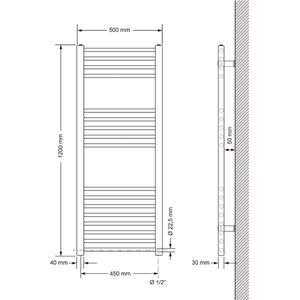Elektrische badkamerradiator met verwarmingselement 900W 500x1200 mm antraciet recht met zijaansluiting LuxeBath