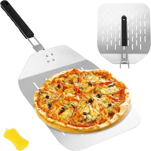 Geperforeerde Pizzaschep van Roestvrij Staal met Inklapbare Handgreep - Ideaal voor Oven en Grill
