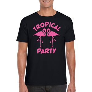 Toppers - Bellatio Decorations Tropical party T-shirt heren - met glitters - zwart/roze -carnaval/themafeest XXL