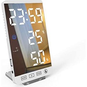 LED Spiegel Wekker met Temperatuur en Vochtigheid | Verstelbare Helderheid | Wand- en Tafelklok