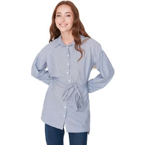 Trendyol Blauw Gestreept Lang Geweven Overhemd Met Ballonachtermouwen En Riem Tctss22Go0116