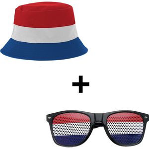 Yucka reversible vissershoedje + Pinhole zonnebril - Bucket hat - Festival bril - Combi deal - Koningsdag - Nederlandse vlag - Rood/wit/blauw