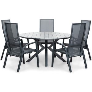 LUX outdoor living Cervo Grey/Mojito Negro dining tuinset 6-delig | polywood + textileen | 144cm rond | 5 personen