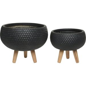 Decoris Zoe Bloempot Op Poten Set Van 2 - Buitenpot - ø37x29 cm Zwart Honingraat