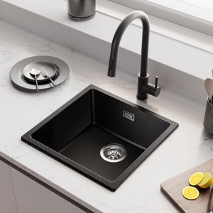 Auralum max Spoelbak Keuken 45x44CM - Enkele Spoelbakken Graniet - Onderbouw Spoelbak Zwart - Met waterafvoersysteem - Voor 45 cm kast