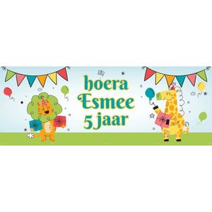 Spandoek maken - Kinderverjaardag - Tijger en giraf met slingers - Kinderfeestje - Jungle - Dieren - 150 x 50 cm - Kinderen - Kids - met ringen - Banier- PVC - Banner - Verjaardag - indoor en outdoor – Decoratie