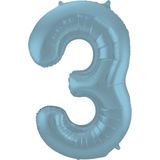 Folat - Folieballon Cijfer 3 Blauw Pastel Metallic Mat - 86 cm