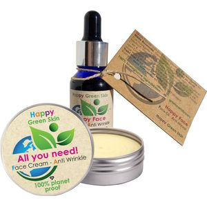 Happy Face en All you need ECO Combinatie Gezichtscrème / Oogcrème en Gezichtsolie - 100% organic - 100% planet proof - duurzame groene cosmetica - Retinol