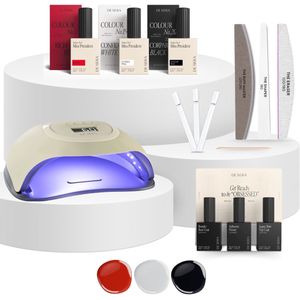De Sera Gellak Set Starterspakket Classic - Gelnagels - 3 Kleuren Gellac - Inclusief Nageldroger XL, Primer, Basecoat, Top Coat & Nagelvijlen - Zwart/Wit/Rood