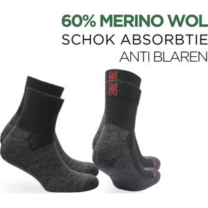 Norfolk - Wandelsokken - 2 paar - Anti Blaren Merino wol sokken met demping - Snelle Vochtopname Outdoorsokken - Leonardo QTR - Zwart - 43-46