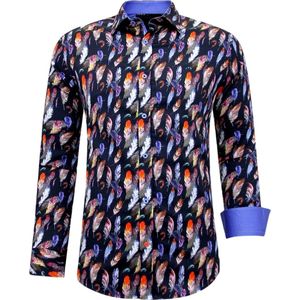 Satijn Overhemd Heren - Vogel Veer Print - 3092 - Zwart / Blauw