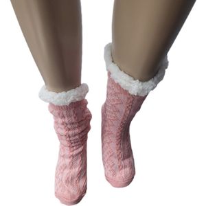 Huissokken - Warme wintersokken - Thermo - Gevoerd - Unisex - Kleur Lichtroze - Effen Kabel motief - Maat 35-41 -Huissokken - Anti-slip - Cadeau - Vaderdag - Moederdag - Kerst