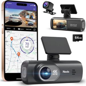 Nexlis Dual Dashcam 4K Ultra HD - Dashcam voor Auto - Voor en Achter - GPS - 4K & 1080P - Nachtzicht - Parkeerstand - Wifi & App - Loop Recording - G-Sensor - Incl. 64GB SD-Kaart