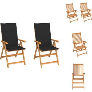 vidaXL Tuinstoelenset - Teakhout - Verstelbaar - Inklapbaar - 57x71.5x109cm - Zwarte Kussens - 2 Stoelen + 2 Kussens - Tuinstoel