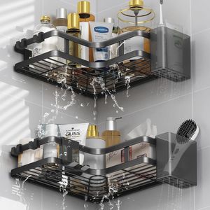 Doucheplank zonder boren met 4 haken en 5 stuks badkamerorganizer - Zwart hoekrek voor doucheaccessoires