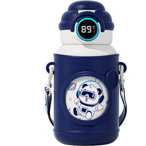 CHIWIN Kinder Waterfles – Thermosfles 500ml met Rietje en Schouderband – Isolerende Lekvrije RVS Drinkfles met Temperatuurweergave – voor School en Outdoor – Blauw