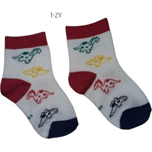 Cadeautip babysokken Dino wit rood geel groen blauw 1-2 jaar
