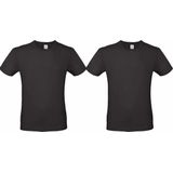 Set van 2x stuks zwart basic t-shirt met ronde hals voor heren - katoen - 145 grams - zwarte shirts / kleding, maat: S (48)