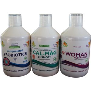 Triple pack Probiotica+CalciumMagnesium+Woman multivitamine is een unieke mix van vitaminen en mineralen. Al deze ingrediënten en nutriënten zorgen voor een verbetering van energie en uithoudingsvermogen. Deze blend valt onder de Multivitaminen